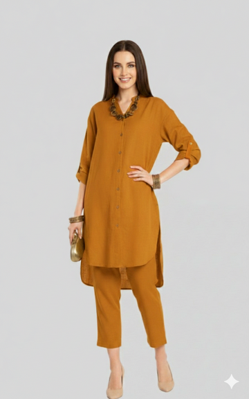 Nadia 7 Stylish Co-ord Set With Collared And Brown Trimmings