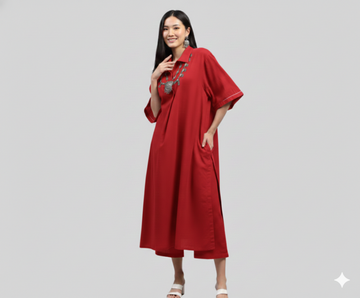 Crimson Stylish co-ord set with collared and brown trimmings
