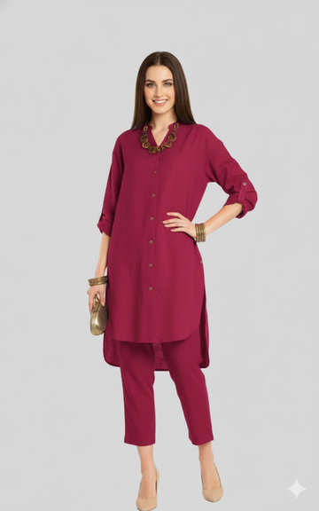 Nadia 2 Stylish Co-ord Set With Collared And Brown Trimmings