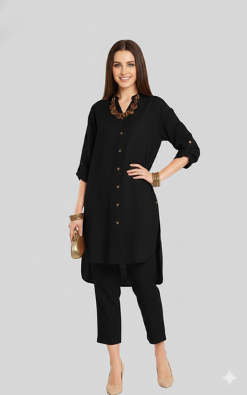 Nadia 3 Stylish Co-ord Set With Collared And Brown Trimmings