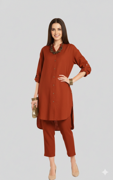 Nadia 9 Stylish Co-ord Set With Collared And Brown Trimmings