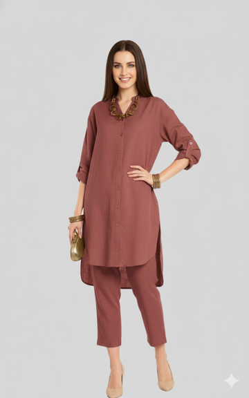 Nadia 10 Stylish Co-ord Set With Collared And Brown Trimmings