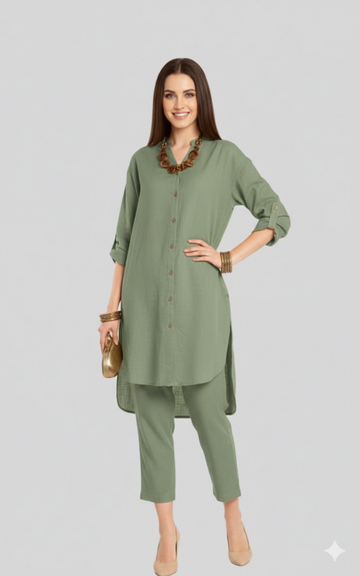 Nadia 6 Stylish Co-ord Set With Collared And Brown Trimmings