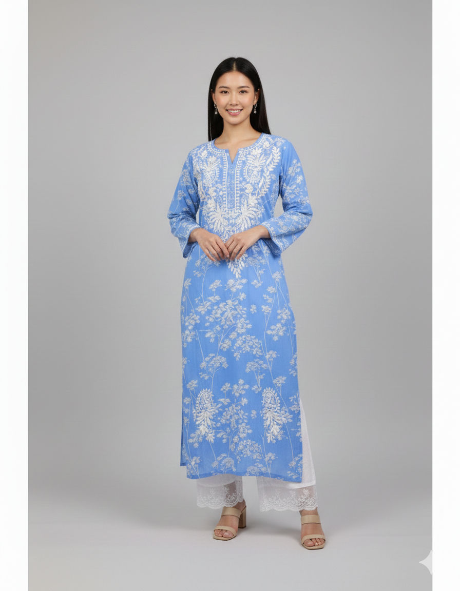 Blue Floral Embroidered