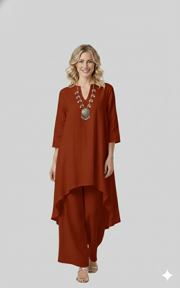 Aqua Stylish Co-ord Set With Collared And Brown Trimmings