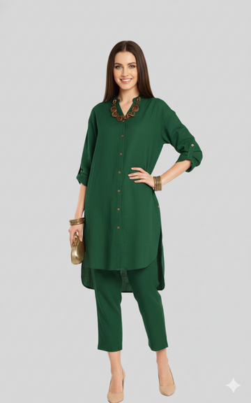 Nadia 8 Stylish Co-ord Set With Collared And Brown Trimmings