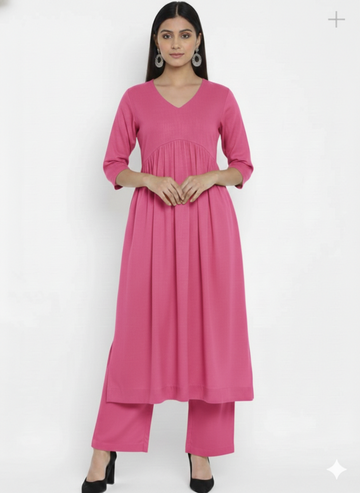 Crysta Stylish Cambric Cotton V-Neck Kurta Set With Silver Stitch Lines Paired With Comfortable Pants