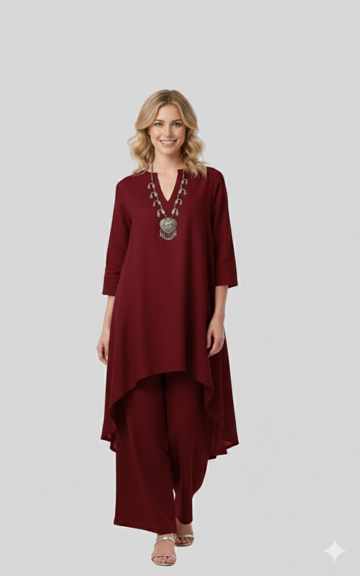 Merlot Stylish Co-ord Set With Collared And Brown Trimmings