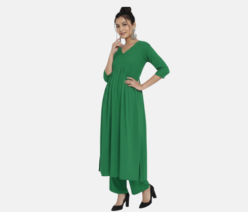 Naughty Green Stylish Cambric Cotton V-Neck Kurta Set With Silver Stitch Lines Paired With Comfortable Pants