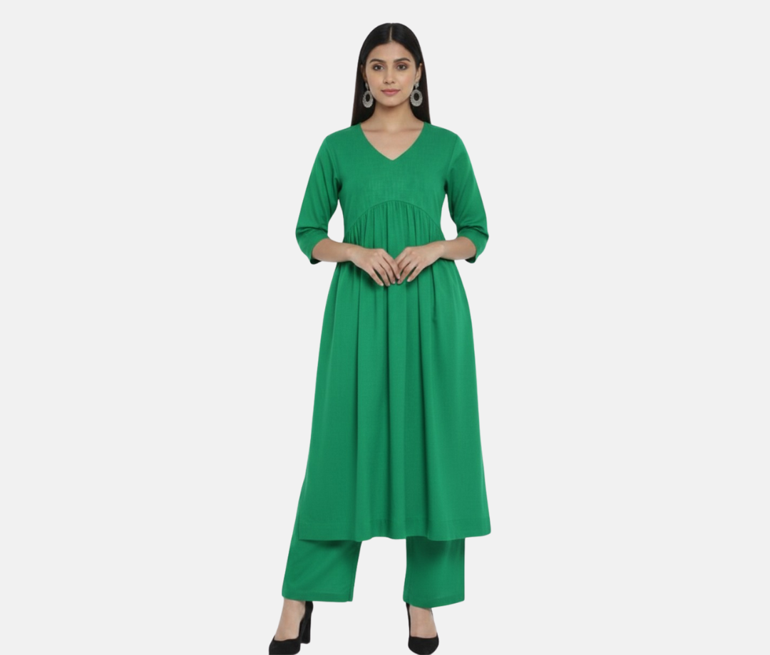 Naughty Green Stylish Cambric Cotton V-Neck Kurta Set With Silver Stitch Lines Paired With Comfortable Pants
