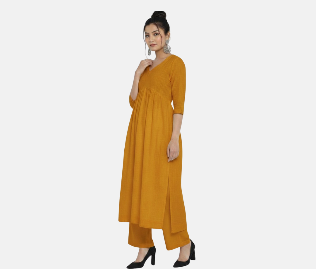 Milano Mustrad Yellow Stylish Cambric Cotton V-Neck Kurta Set With Silver Stitch Lines Paired With Comfortable Pants
