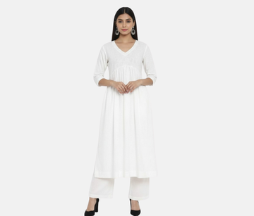 Adira White Stylish Cambric Cotton V-Neck Set With Silver Stitch Lines Paired With Comfortable Pants