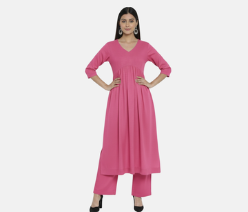 Crysta Stylish Cambric Cotton V-Neck Kurta Set With Silver Stitch Lines Paired With Comfortable Pants