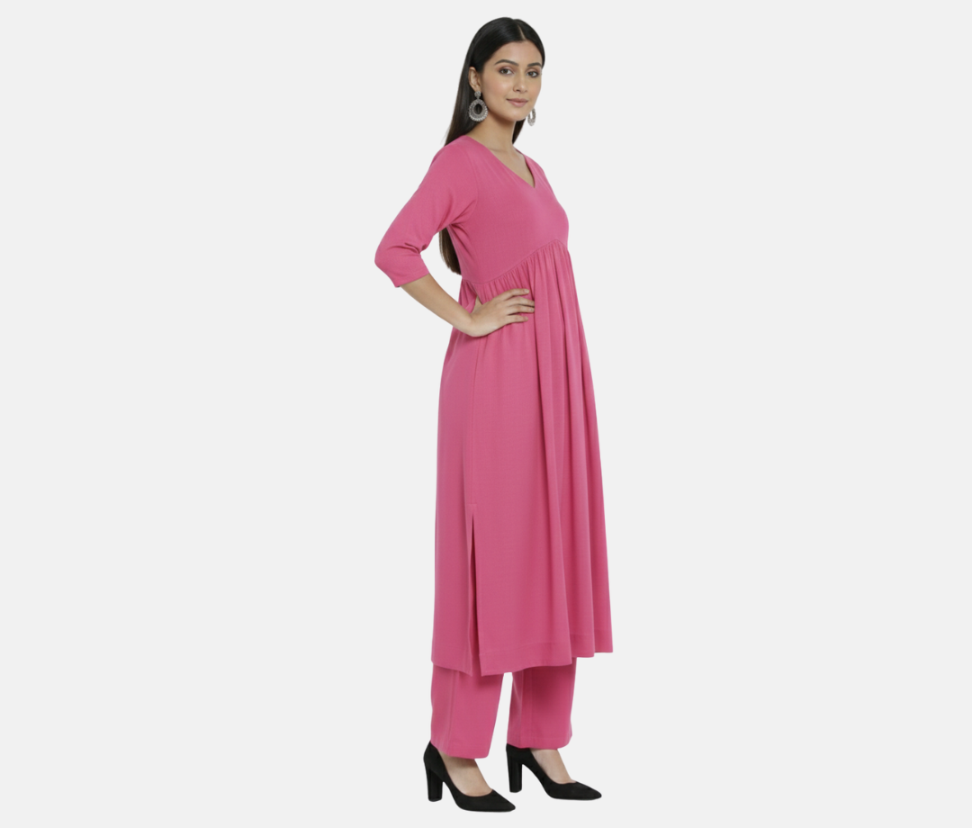 Crysta Stylish Cambric Cotton V-Neck Kurta Set With Silver Stitch Lines Paired With Comfortable Pants