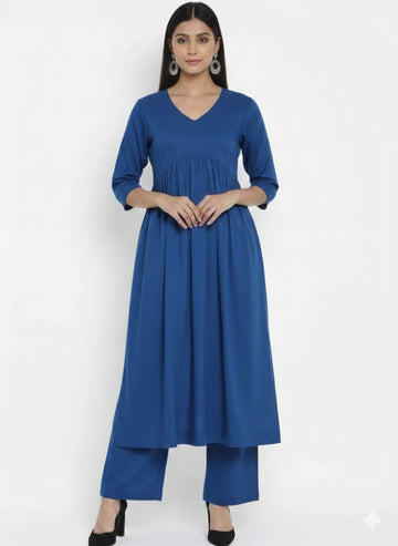 Stylo R-Blue Stylish Cambric Cotton V-Neck Kurta Set With Silver Stitch Lines Paired With Comfortable Pants