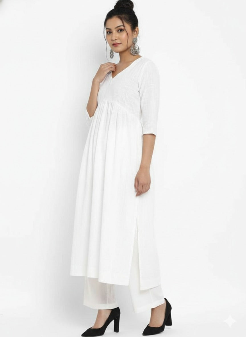 Adira White Stylish Cambric Cotton V-Neck Set With Silver Stitch Lines Paired With Comfortable Pants