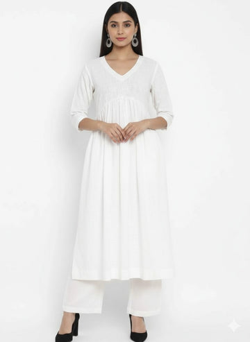 Adira White Stylish Cambric Cotton V-Neck Set With Silver Stitch Lines Paired With Comfortable Pants