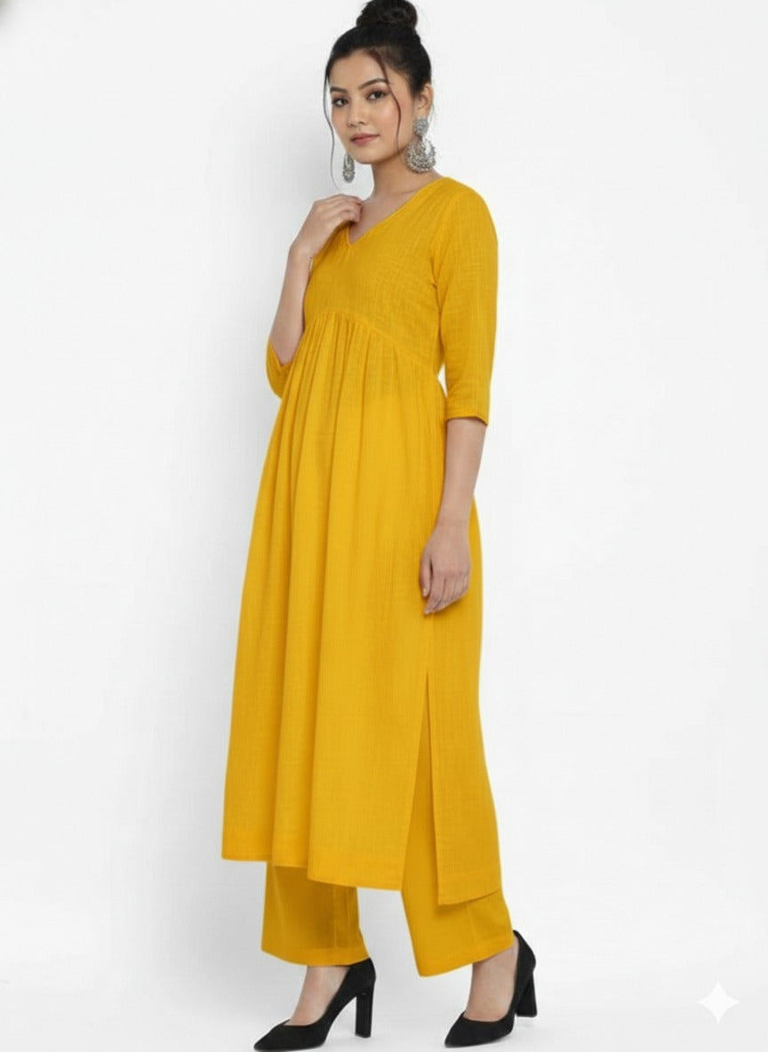 Soona Stylish Cambric Cotton V-Neck Kurta Set With Silver Stitch Lines Paired With Comfortable Pants