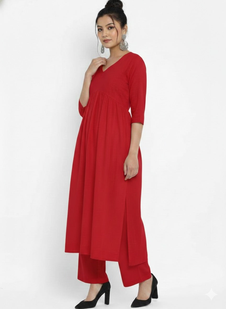 Jiiyya Redish Stylish Cambric Cotton V-Neck Kurta Set With Silver Stitch Lines Paired With Comfortable Pants