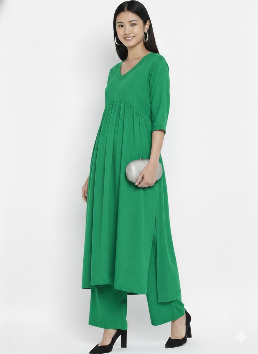 Naughty Green Stylish Cambric Cotton V-Neck Kurta Set With Silver Stitch Lines Paired With Comfortable Pants