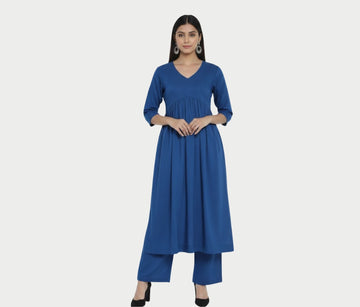Stylo R-Blue Stylish Cambric Cotton V-Neck Kurta Set With Silver Stitch Lines Paired With Comfortable Pants