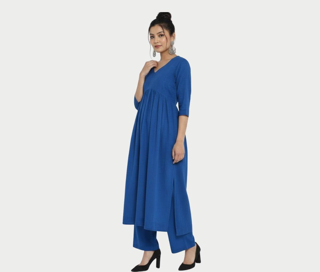Stylo R-Blue Stylish Cambric Cotton V-Neck Kurta Set With Silver Stitch Lines Paired With Comfortable Pants