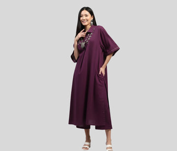Mauve Stylish Co-ord Set With Collared And Brown Trimmings