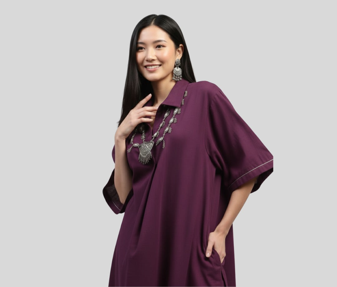 Mauve Stylish Co-ord Set With Collared And Brown Trimmings