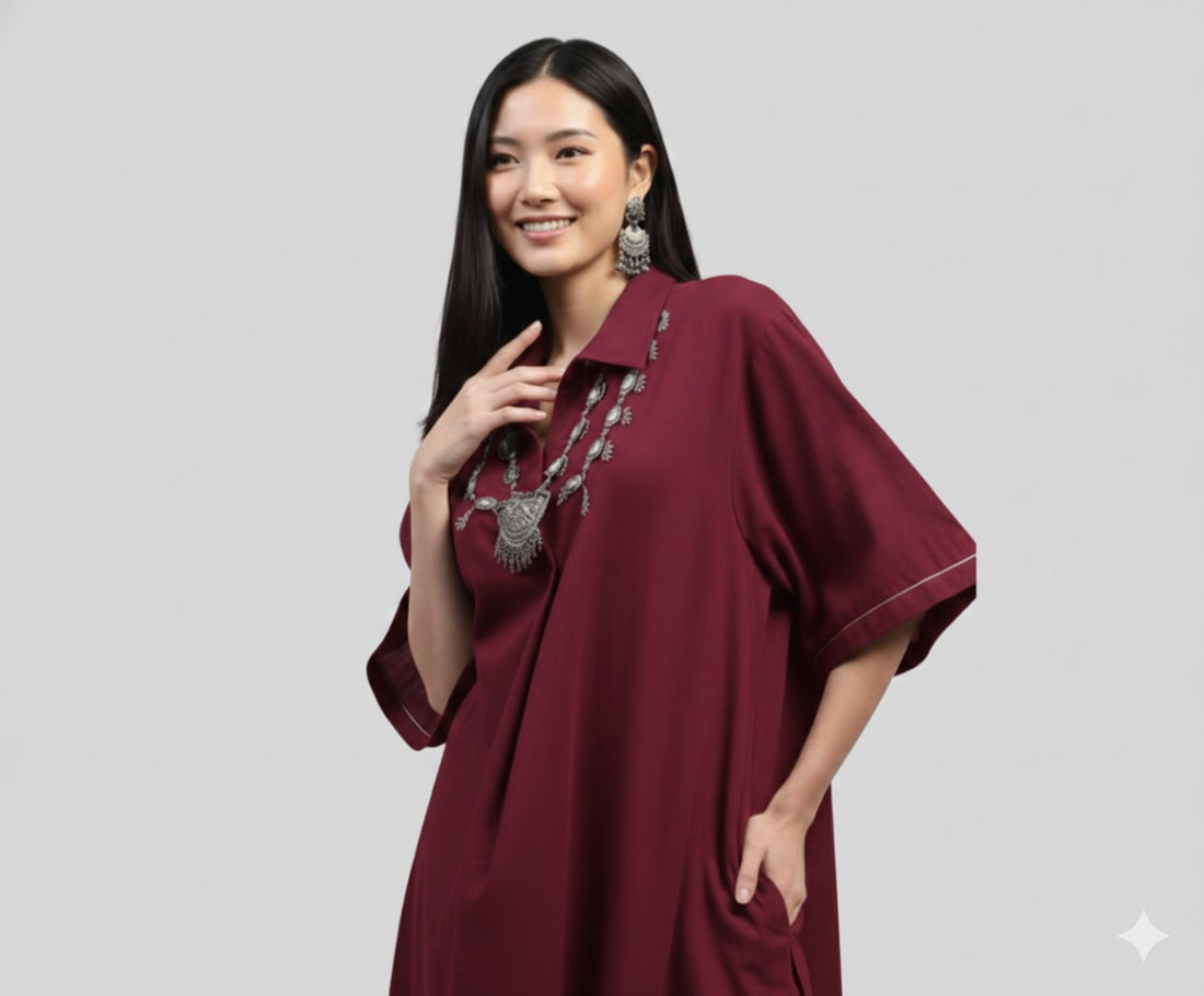 Maroon Stylish Co-ord Set With Collared And Brown Trimmings
