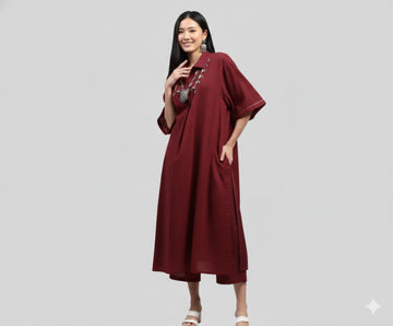 Maroon Stylish Co-ord Set With Collared And Brown Trimmings