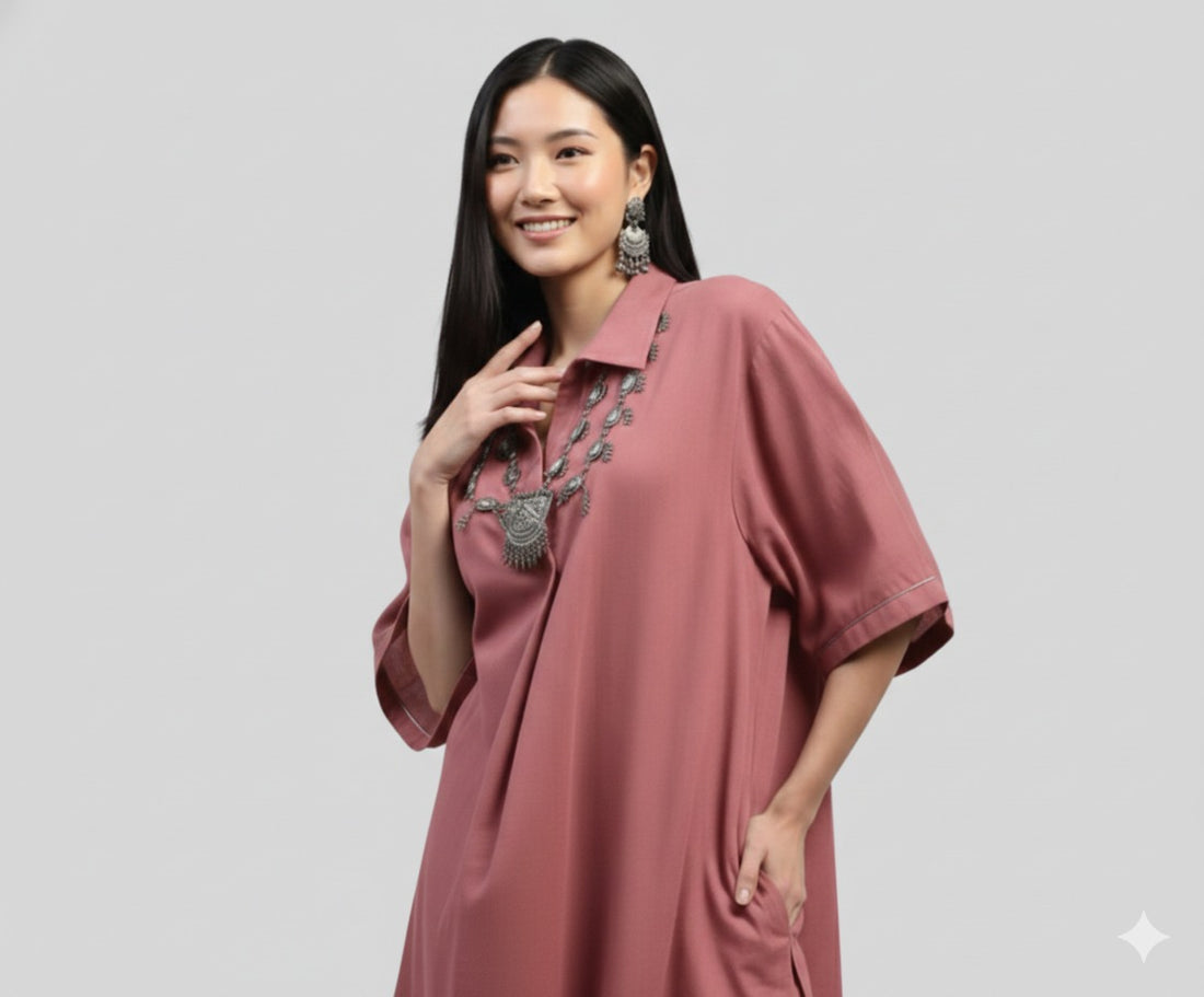 Blush Stylish Co-ord Set With Collared And Brown Trimmings