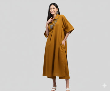 Canary Stylish Co-ord Set With Collared And Brown Trimmings