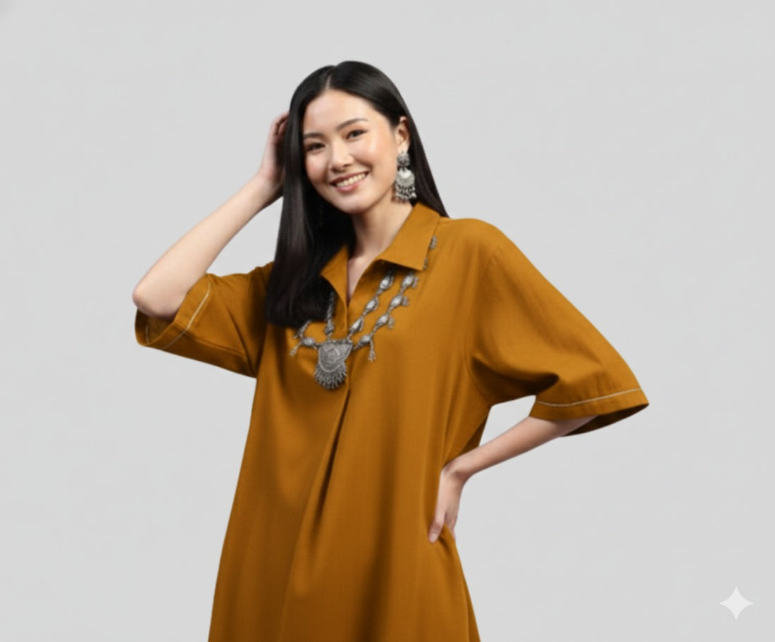 Canary Stylish Co-ord Set With Collared And Brown Trimmings