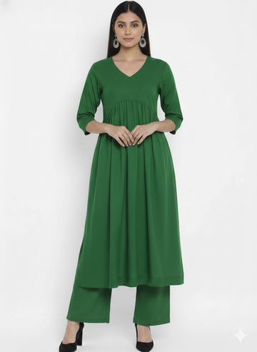 Beautifulll Darkish Green Stylish Cambric Cotton V-Neck Kurta Set With Silver Stitch Lines Paired With Comfortable Pants