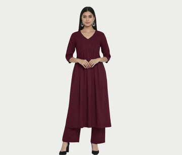 Kriya  Stylish Cambric Cotton V-Neck Kurta Set With Silver Stitch Lines Paired With Comfortable Pants