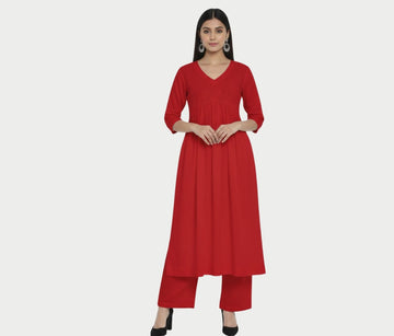 Jiiyya Redish Stylish Cambric Cotton V-Neck Kurta Set With Silver Stitch Lines Paired With Comfortable Pants